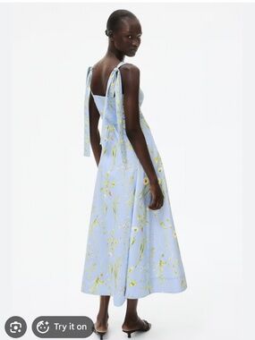 h&m tie strap cotton dress Ladies - Light Yellow/Floral Cotton Dress with Tie-Top Shoulder Straps - Size: L